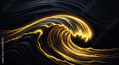 Abstract glowing liquid gold ocean wave on dark background