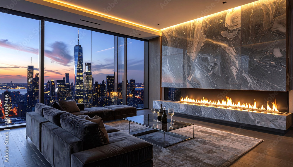 Fototapeta premium A lavish penthouse living room featuring a sleek linear fireplace, marble accents, and plush seating overlooking a breathtaking city skyline at dusk. Ideal for luxury lifestyle themes.