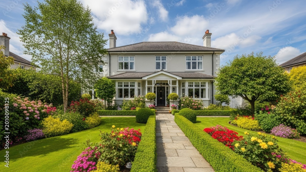 Obraz premium elegant english country manor house with vibrant flower garden and summer sky
