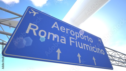 Photography Realistic 3D render of blue sign near Rome Fiumicino Airport with passenger jet rising toward the horizon, departing from Rome, Italy