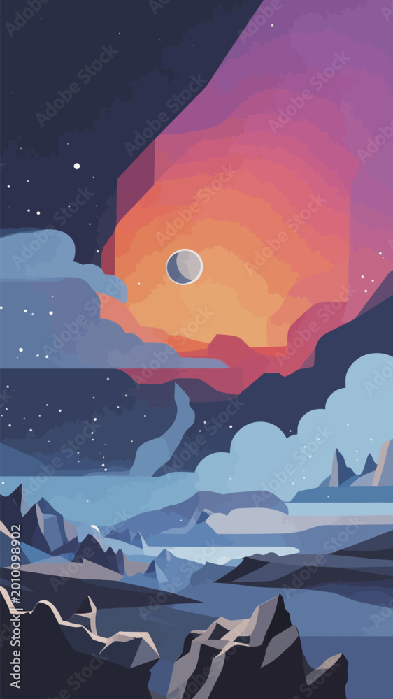 Fototapeta premium Flat Style Alien Night Landscape With Celestial Body