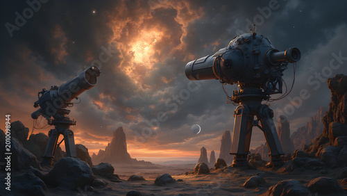 Pairing microscopes with telescopes. Exploring the universe and the microscopic world. Conceptual photography of science. Ultra realistic astronomical imagery.
