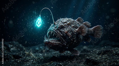 Deep-sea anglerfish with bioluminescent lure illuminates the dark abyss, showcasing its fearsome jaws and alien appearance