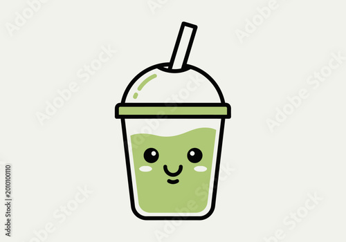 Cute kawaii matcha green tea latte in a takeaway cup with a straw, a sweet and refreshing beverage illustration