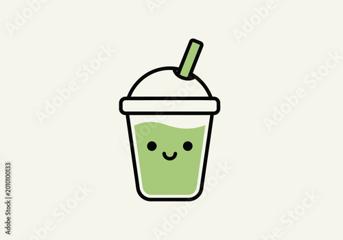 A cute, happy green smoothie or milkshake in a to-go cup with a straw, simple illustration against a cream background