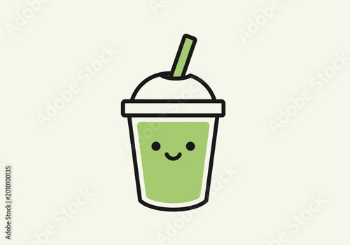Cute Green Smoothie with Straw and Happy Face Illustration