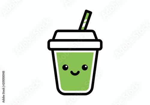 Playful cartoon icon of a vibrant green drink cup with a smiling face and striped straw, conveying delightful and refreshing healthy beverage concepts
