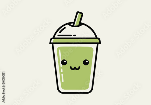 A delightful and cheerful green beverage illustration, featuring a cute cartoon face, perfect for conveying a sweet, refreshing, and playful drink experience