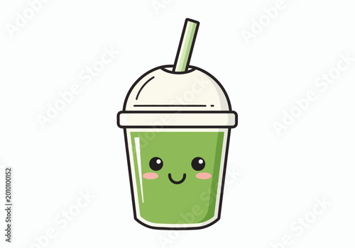 Cute Kawaii Matcha Green Tea Smoothie With Straw and Lid, Adorable Cartoon Character Design