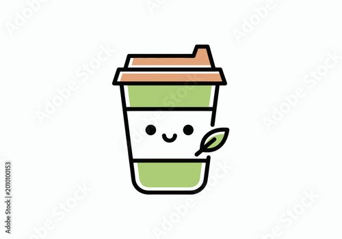 Cute kawaii green tea cup with a happy face and a small leaf, representing a delightful beverage experience