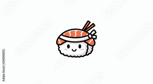 Adorable smiling sushi icon wearing a traditional-style bandana and featuring chopsticks, a delightful vector graphic symbolizing the charm of Japanese cuisine and fresh dining