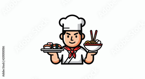 A cheerful cartoon chef presenting a plate of sushi and a bowl of noodles with chopsticks, perfect for restaurant menus or food service branding
