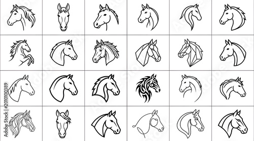 Collection of various horse head outline illustrations in different styles and poses