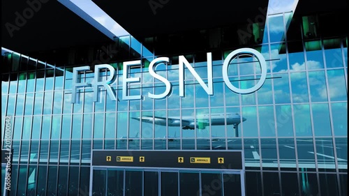 Airlane landing at Fresno, USA. Arrival in the city with reflection of airport and aircraft