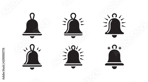Φωτογραφία Set of black simple bell icons with glowing light rays isolated on white background