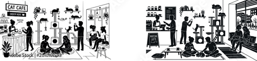 Photos Cozy Cat Cafe Interior with Cats and Customers, Cute Pet Friendly Coffee Shop Ve