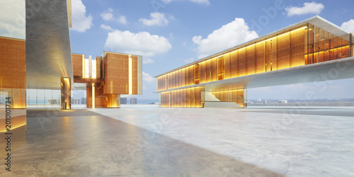 3d rendering modern architecture building with concrete plaza and glass facade