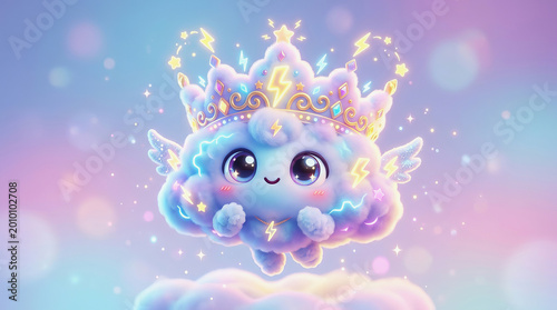 Cute cartoon cloud character wearing a golden crown with lightning bolts and sparkles floating in a dreamy pastel sky background.