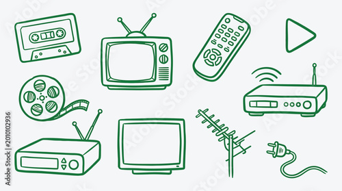 Foto Collection of hand-drawn vintage media and entertainment technology icons in green outline on a white background, including television, remote control, and film reel