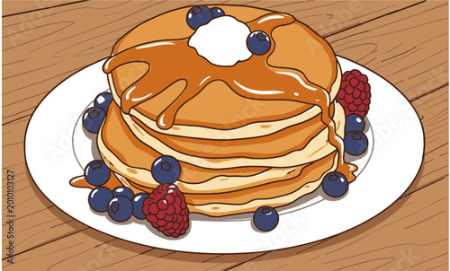 Pancakes with Syrup and Berries Breakfast Illustration
