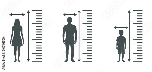 Schilderij op canvas Human height growth measurement icon set, person silhouette with ruler scale fit