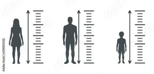 Tableau sur toile Human height growth measurement icon set, person silhouette with ruler scale fit