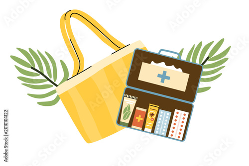 First aid kit for traveling with cotton, bandage, sunscreen bottle, reppelent and pills. Concept of first aid box for summer tourism. Vector illustration