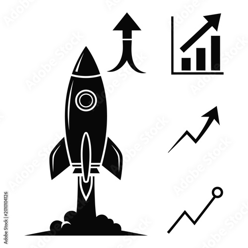 Black rocket launch with business growth charts and upward trend line graphics