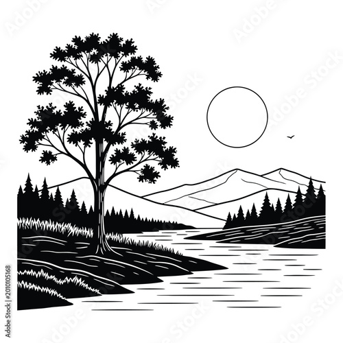 Landscape illustration of a river flowing through trees and mountains