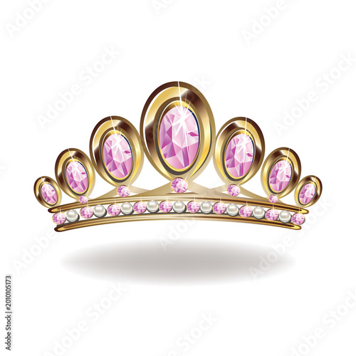 A princess crown or tiara with pearls and large pink gemstones framed in gold. Hand-drawn fairytale jewelry. Vector illustration on a white background.