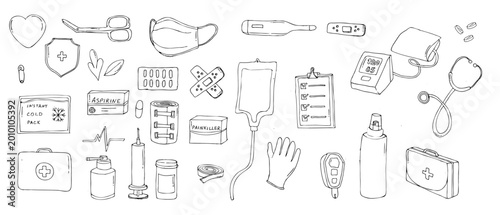 Foto Black outline first aid kit vector illustration isolated