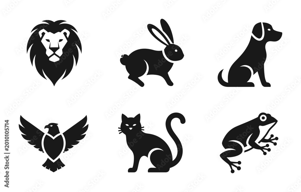 Fototapeta premium Bold black animal silhouettes, a collection of six distinct wildlife and domestic animal vector icons. Versatile animal graphics for branding, logos, and nature-themed designs.