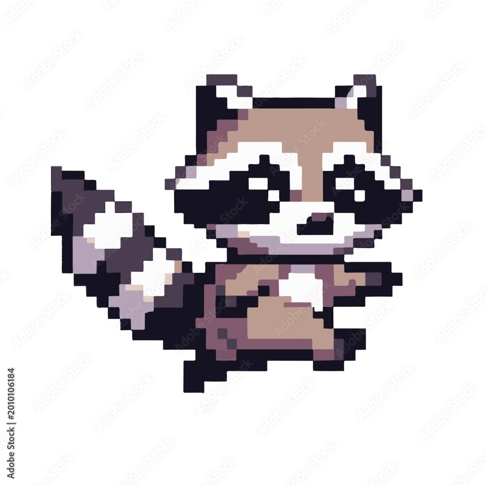 Fototapeta premium Adorable pixel art raccoon character in a dynamic running pose, a charming retro 8-bit digital illustration perfect for game development, online avatars, or whimsical animal-themed designs