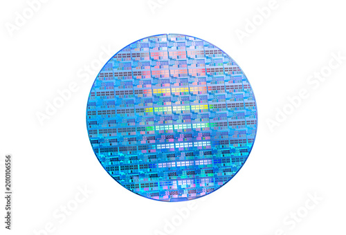 High-tech Macro Photography of a Colorful Silicon Wafer with Microchip Patterns isolated on white background,AI Hardware and Semiconductor Industry Concept.