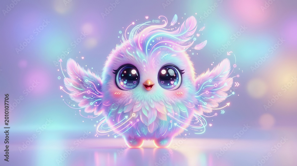 Naklejka premium Cute fluffy pastel owl with glowing wings and sparkling eyes standing on a magical reflective surface in a dreamy colorful bokeh background.