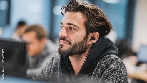 A stylish male professional in casual attire is deeply engaged in his work, listening to music or a call through wired headphones. The contemporary office setting enhances productivity and creativity