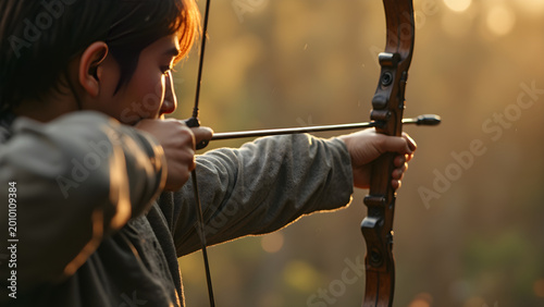 archer drawing bowstring photo. ultra realistic archery image. serene precision of an archer. close-up of bow and arrow shot.