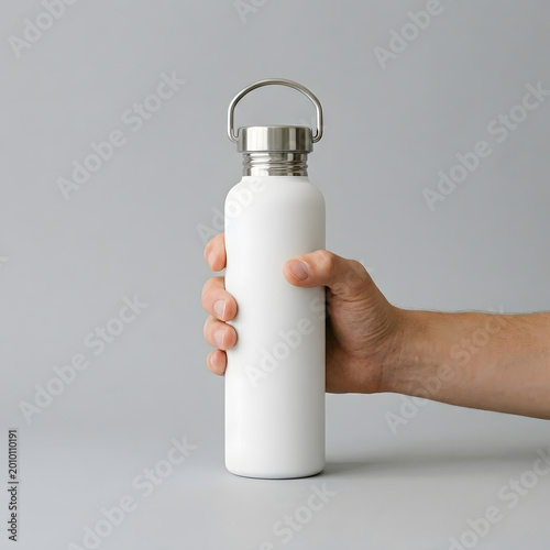 A man holds a blank white stainless steel water bottle with a metal handle top as a clean mockup for modern branding design and corporate advertising.