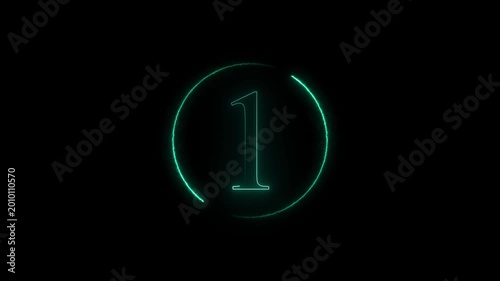 Number one animation inside teal neon circle. Number one digital numeral display. Number one technology interface graphic on black background for countdowns.