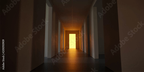 Foto An empty hotel hallway features a long perspective of dark interior architecture