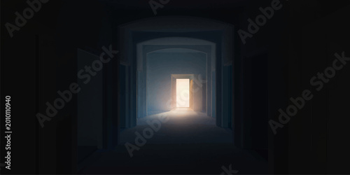 Cuadro en lienzo An old empty hotel hallway features a shadow across the floor leading toward a b