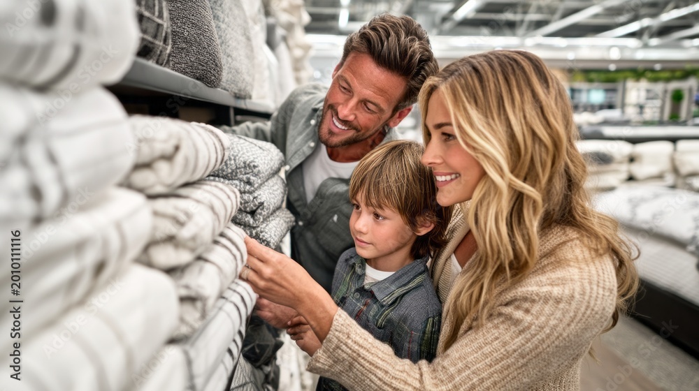 Obraz premium Happy family exploring various home textiles and linens on shelves in a modern retail store, enjoying a shared shopping experience