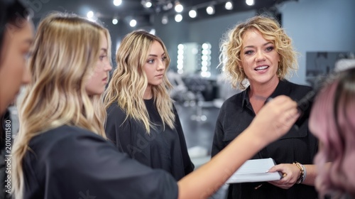 Professional hair stylist teaching young women hair coloring and styling techniques in modern beauty salon setting