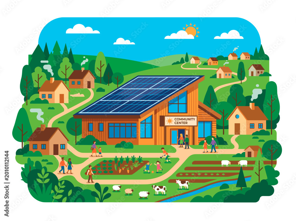 Naklejka premium An illustration of a community center with solar panels and surrounding houses