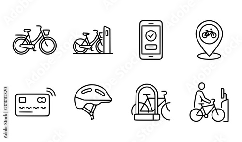 Foto Rent a bike outline icon set with bicycle rental app booking payment and locatio
