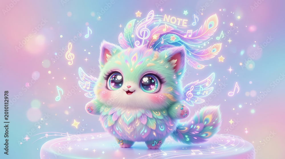 Fototapeta premium Cute magical cat with rainbow wings and musical notes floating in a dreamy pastel background, perfect for fantasy art.
