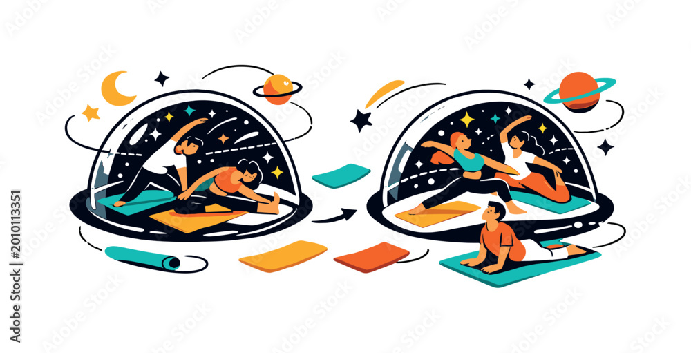Fototapeta premium Astro yoga. Groups stretching gracefully in transparent domes while stars twinkle beyond.