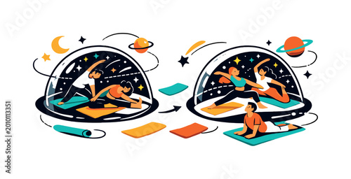 Astro yoga. Groups stretching gracefully in transparent domes while stars twinkle beyond.