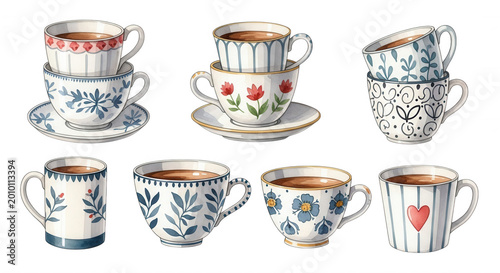 A collection of ceramic teacups and mugs featuring hand-painted floral, striped, and heart patterns isolated on a black background