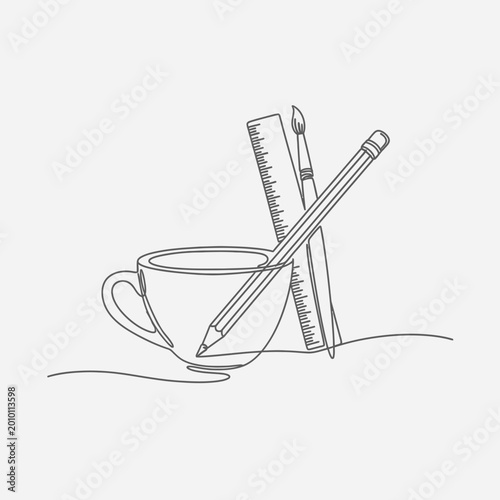 Continuous line drawing of art supplies: pencil, ruler, paintbrush next to a coffee cup.
